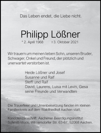 Traueranzeige von Philipp Lößner von Aachener Zeitung / Aachener Nachrichten