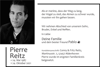Traueranzeige von Pierre Reitz von Zeitung am Sonntag