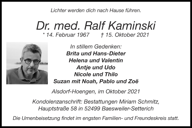  Traueranzeige für Ralf Kaminski vom 24.10.2021 aus Zeitung am Sonntag