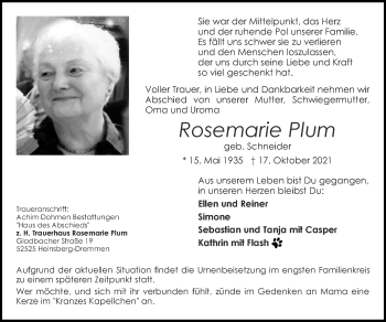 Traueranzeige von Rosemarie Plum von Zeitung am Sonntag