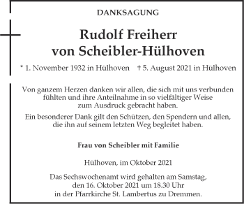 Traueranzeige von Rudolf Freiherr von Scheibler-Hülhoven von Zeitung am Sonntag