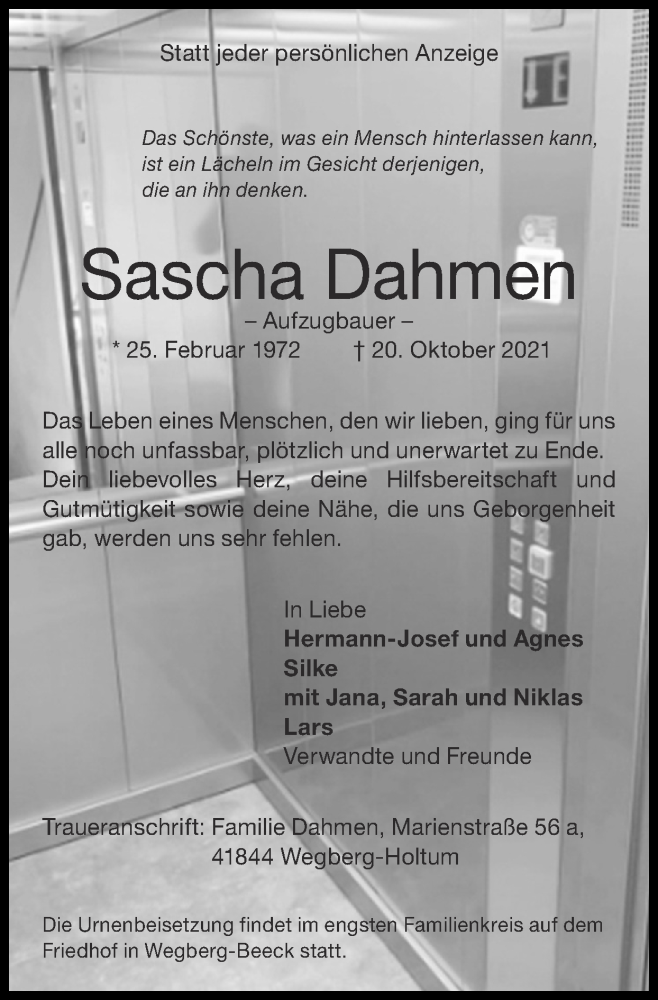  Traueranzeige für Sascha Dahmen vom 31.10.2021 aus Zeitung am Sonntag