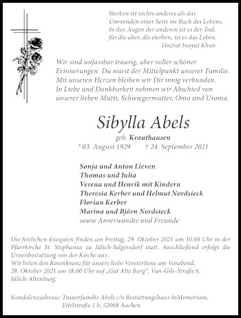 Traueranzeige von Sibylla Abels von Aachener Zeitung / Aachener Nachrichten