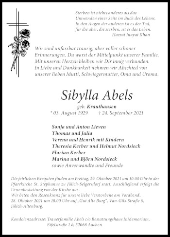 Traueranzeige von Sibylla Abels von Zeitung am Sonntag