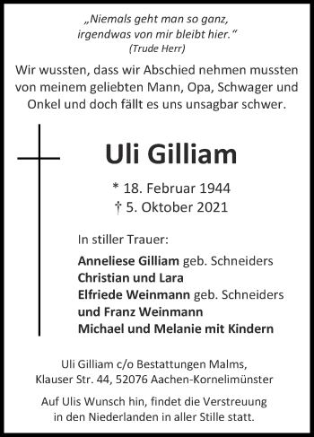 Traueranzeige von Uli Gilliam von Zeitung am Sonntag