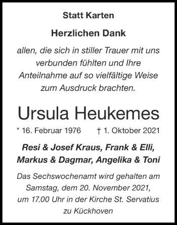 Traueranzeige von Ursula Heukemes von Zeitung am Sonntag