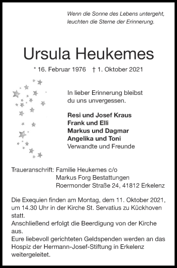 Traueranzeige von Ursula Heukemes von Zeitung am Sonntag