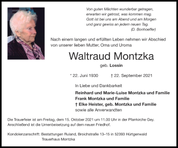Traueranzeige von Waltraud Montzka von Zeitung am Sonntag