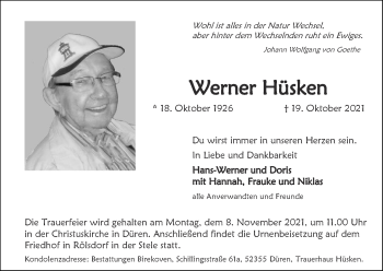 Traueranzeige von Werner Hüsken von Zeitung am Sonntag