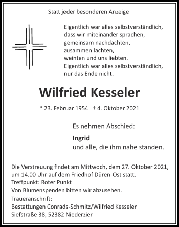 Traueranzeige von Wilfried Kesseler von Zeitung am Sonntag