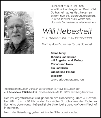 Traueranzeige von Willi Hebestreit von Zeitung am Sonntag