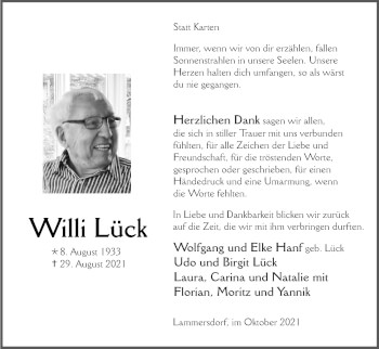 Traueranzeige von Willi Lück von Zeitung am Sonntag