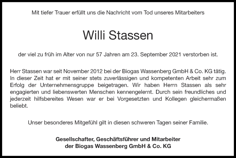  Traueranzeige für Willi Stassen vom 03.10.2021 aus Zeitung am Sonntag