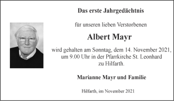 Traueranzeige von Albert Mayr von Zeitung am Sonntag