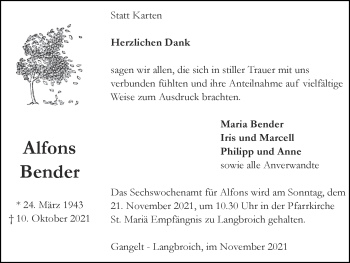 Traueranzeige von Alfons Bender von Zeitung am Sonntag