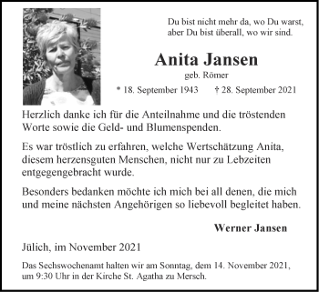 Traueranzeige von Anita Jansen von Zeitung am Sonntag