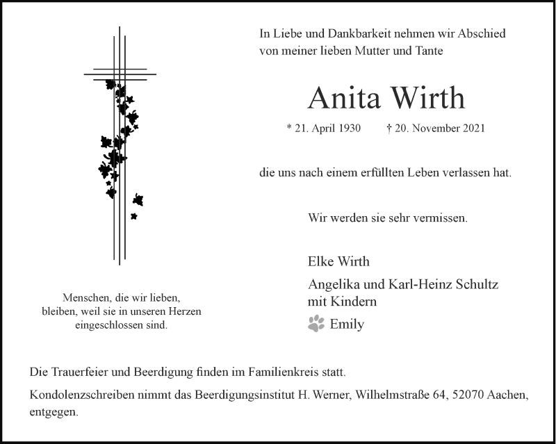  Traueranzeige für Anita Wirth vom 27.11.2021 aus Aachener Zeitung / Aachener Nachrichten