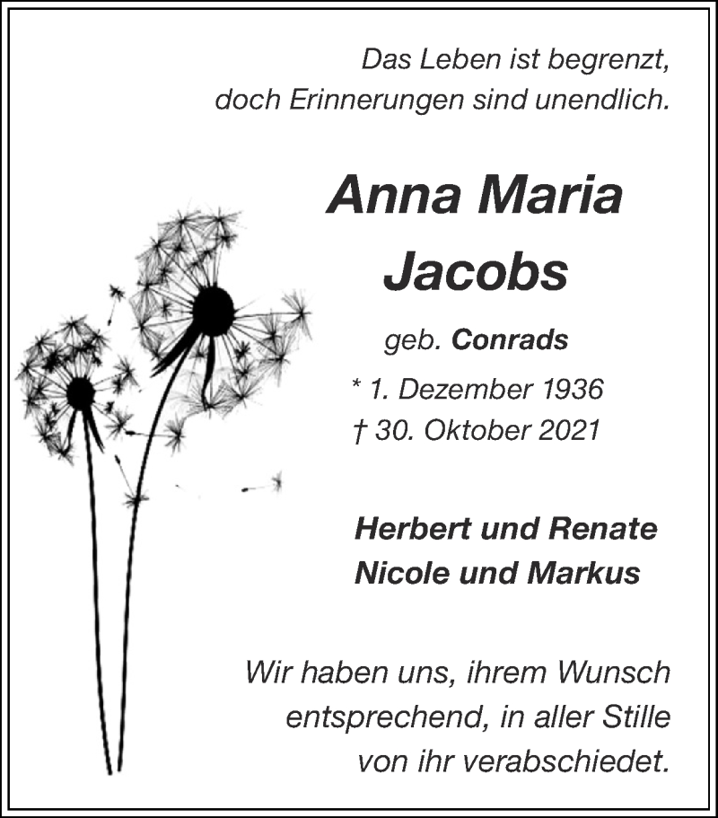 Traueranzeige für Anna Maria Jacobs vom 21.11.2021 aus Zeitung am Sonntag