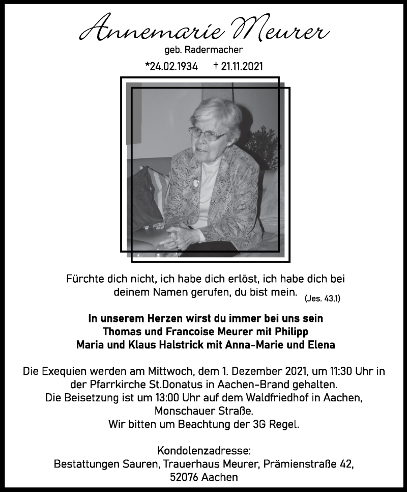  Traueranzeige für Annemarie Meurer vom 27.11.2021 aus Aachener Zeitung / Aachener Nachrichten
