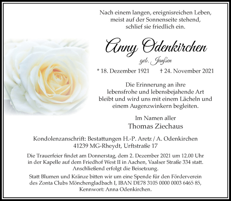  Traueranzeige für Anny Odenkirchen vom 27.11.2021 aus Aachener Zeitung / Aachener Nachrichten