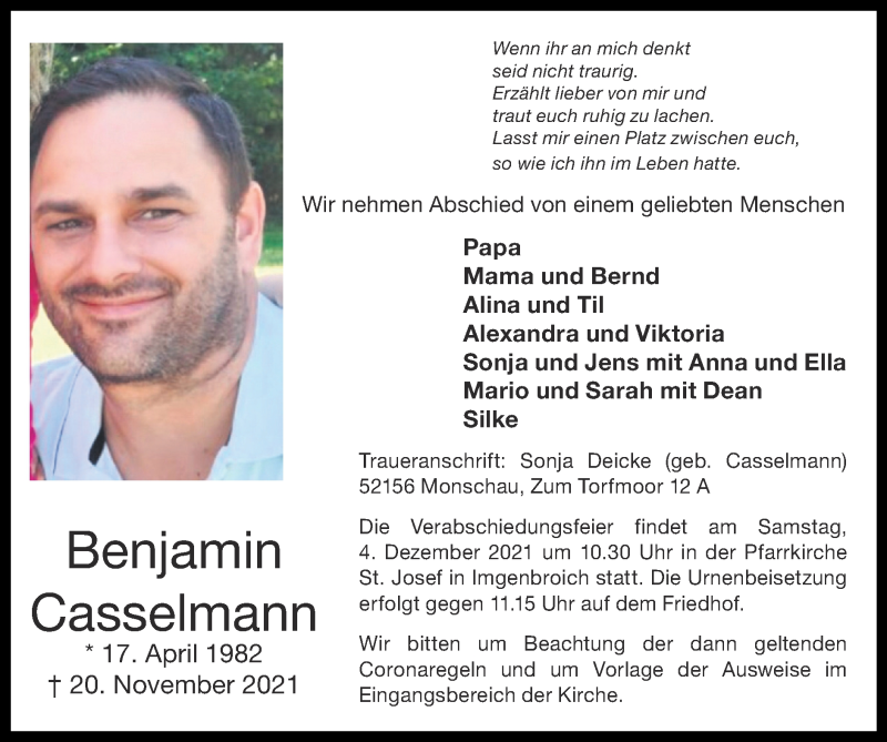  Traueranzeige für Benjamin Casselmann vom 28.11.2021 aus Zeitung am Sonntag