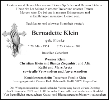 Traueranzeige von Bernadette Klein von Zeitung am Sonntag
