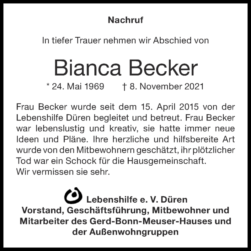 Traueranzeige für Bianca Becker vom 21.11.2021 aus Zeitung am Sonntag