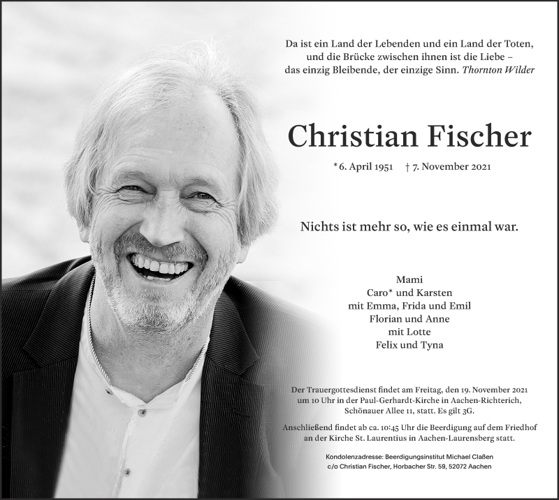  Traueranzeige für Christian Fischer vom 13.11.2021 aus Aachener Zeitung / Aachener Nachrichten
