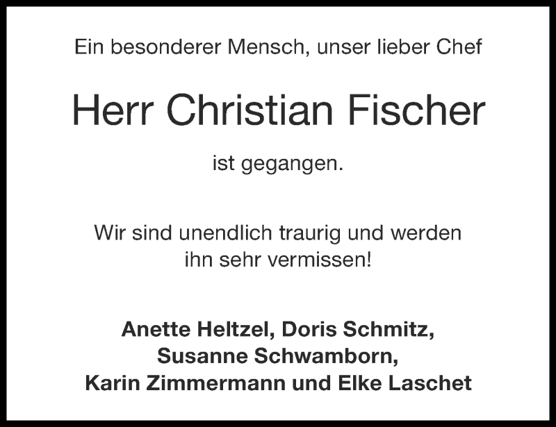  Traueranzeige für Christian Fischer vom 13.11.2021 aus Aachener Zeitung / Aachener Nachrichten