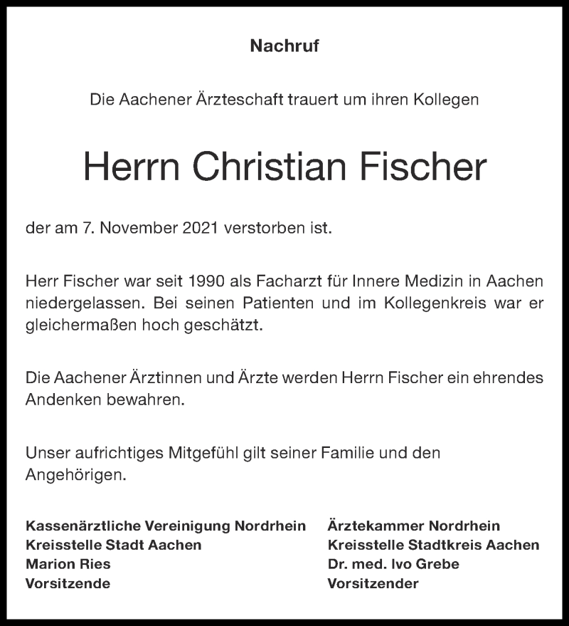  Traueranzeige für Christian Fischer vom 20.11.2021 aus Aachener Zeitung / Aachener Nachrichten