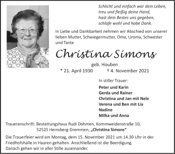 Traueranzeige von Christina Simons von Zeitung am Sonntag