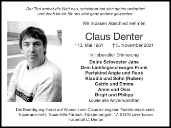 Traueranzeige von Claus Denter von Zeitung am Sonntag