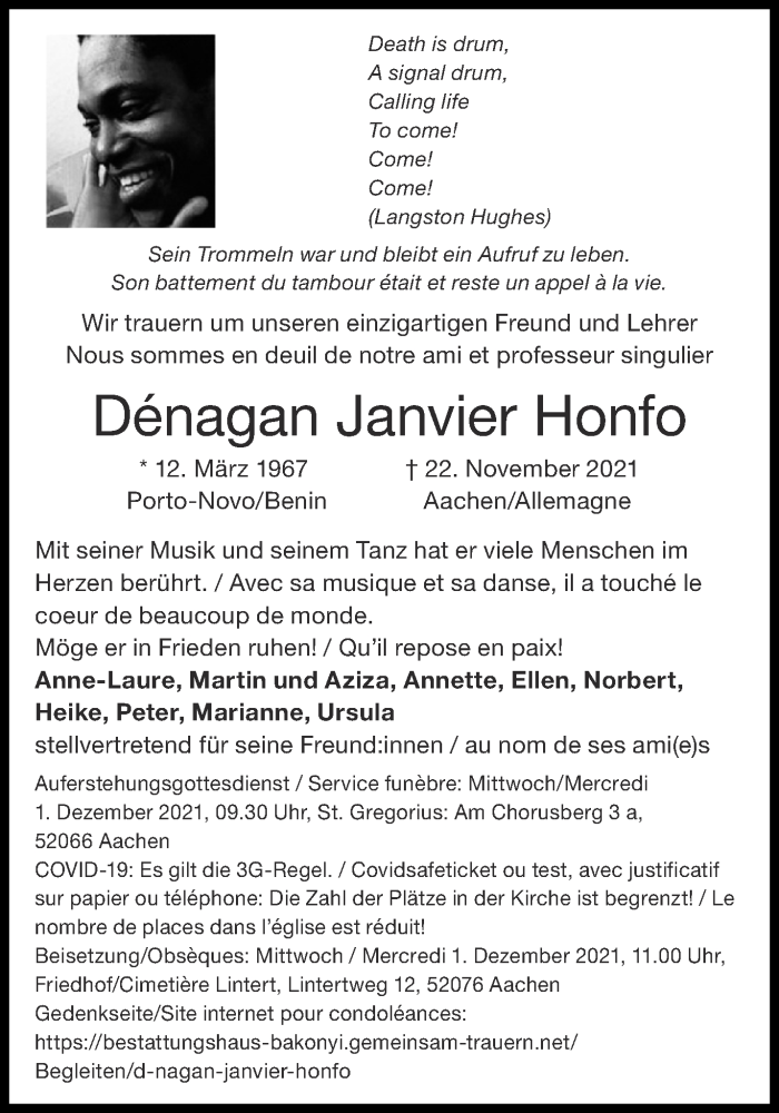  Traueranzeige für Denagan Janvier Honfo vom 27.11.2021 aus Aachener Zeitung / Aachener Nachrichten