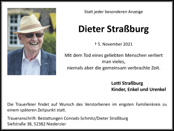 Traueranzeige von Dieter Straßburg von Zeitung am Sonntag