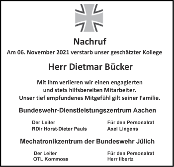 Traueranzeige von Dietmar Bücker von Zeitung am Sonntag