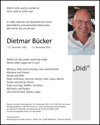 Traueranzeige von Dietmar Bücker von Zeitung am Sonntag