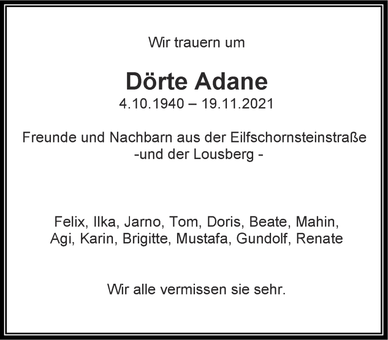 Traueranzeige für Dörte Adane vom 27.11.2021 aus Aachener Zeitung / Aachener Nachrichten