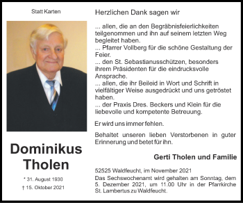 Traueranzeige von Dominikus Tholen von Zeitung am Sonntag