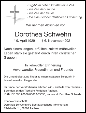 Traueranzeige von Dorothea Schwehn von Aachener Zeitung / Aachener Nachrichten
