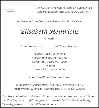 Traueranzeige von Elisabeth Heinrichs von Zeitung am Sonntag