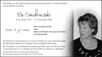 Traueranzeige von Els Dombrowski von Zeitung am Sonntag