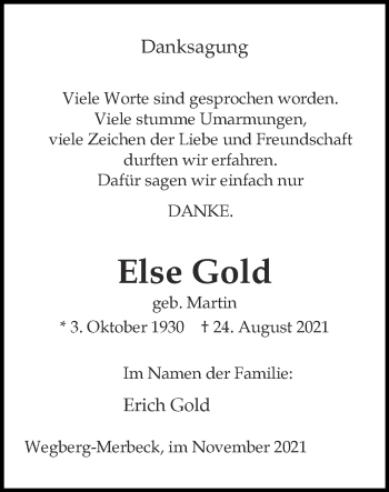 Traueranzeige von Else Gold von Zeitung am Sonntag