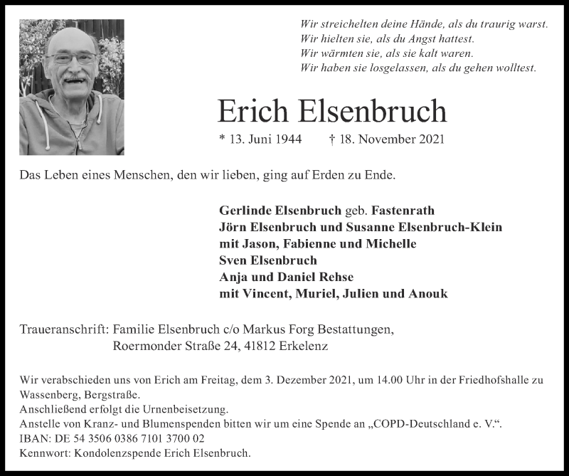  Traueranzeige für Erich Elsenbruch vom 28.11.2021 aus Zeitung am Sonntag
