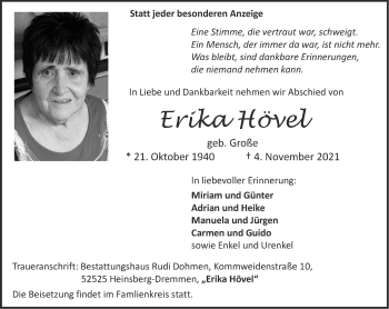 Traueranzeige von Erika Hövel von Zeitung am Sonntag