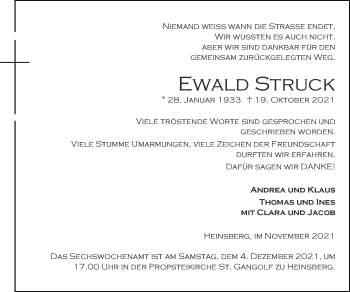 Traueranzeige von Ewald Struck von Zeitung am Sonntag