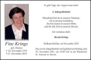 Traueranzeige von Fine Krings von Zeitung am Sonntag