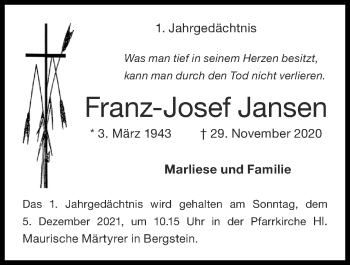 Traueranzeige von Franz-Josef Jansen von Zeitung am Sonntag