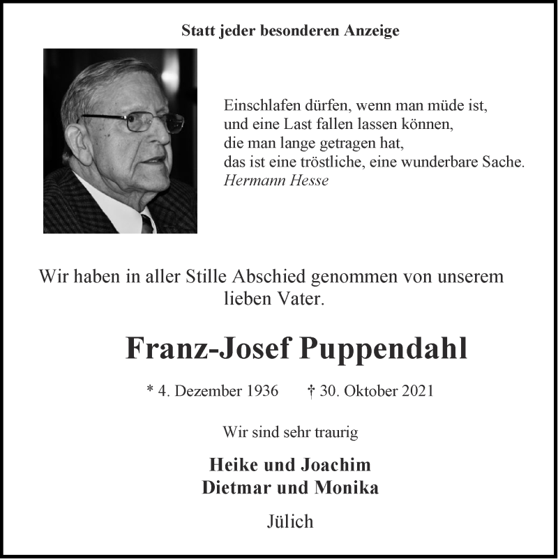  Traueranzeige für Franz-Josef Puppendahl vom 21.11.2021 aus Zeitung am Sonntag