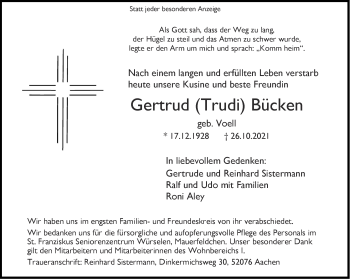Traueranzeige von Gertrud  Bücken von Aachener Zeitung / Aachener Nachrichten