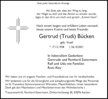 Traueranzeige von Gertrud  Bücken von Zeitung am Sonntag